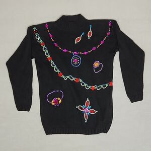 Victoria Jones Vintage Beaded Embellished Sweater Women’s M Black Shoulder Pads